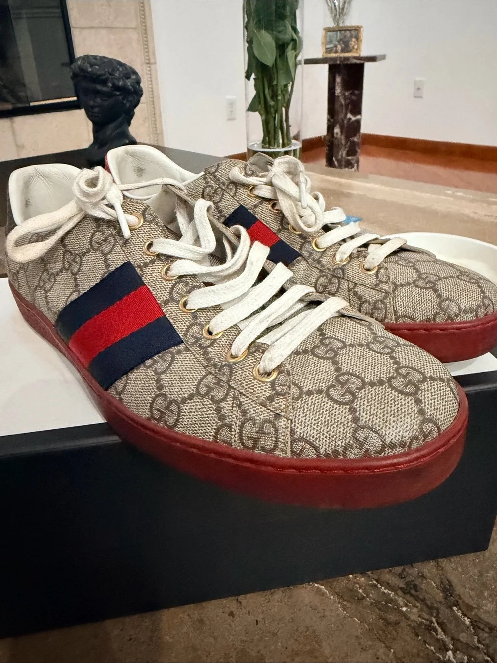Gucci Beige GG Canvas Sneakers with Red & Navy Web and Red Sole